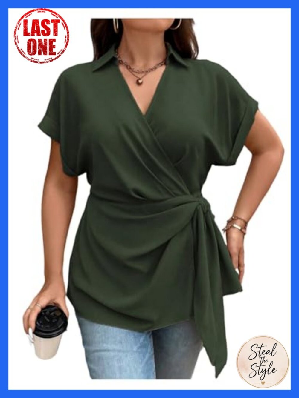 Plus Size Wrap Blouse with Tie Side and V Neck